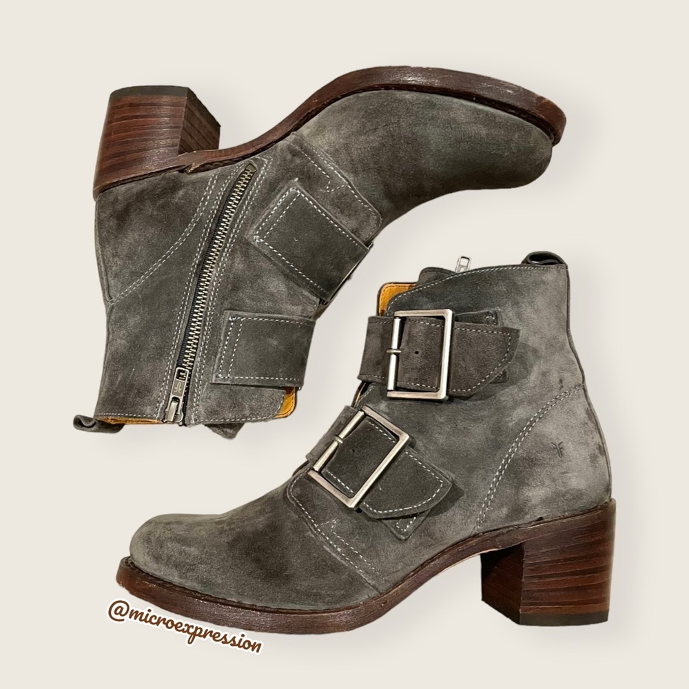 $399 Frye Sabrina Double Buckle Academia Grey Suede Leather Block Heel AnkleBoot - Picture 11 of 16